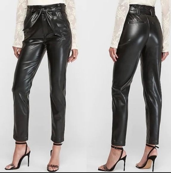 Express Black Faux Leather High Waist Ankle Belted Paperbag Pants - Picture 1 of 9
